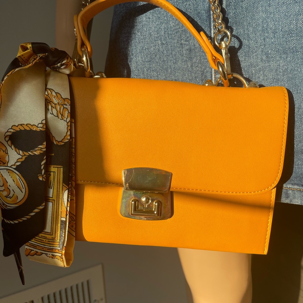 Forever 21 Mustard Yellow Purse with gold chain and added a cute purse scarf